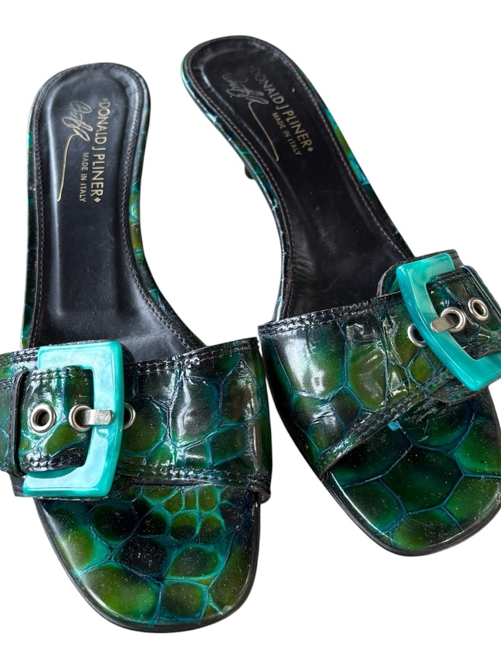Donal J Pliner Patent Leather Kitten Heels Green & Black Croc Print Size 9